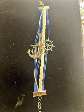Nautical Anchor & Ship Wheel Bracelet in Blue & Gold Like N‌